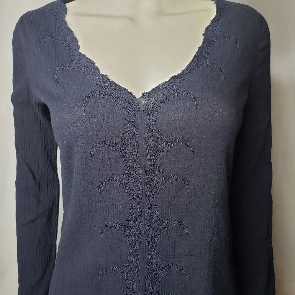 J. CREW Navy Blue Long Sleeve Cotton Embroidered Scalloped V Neck Top Womens XS